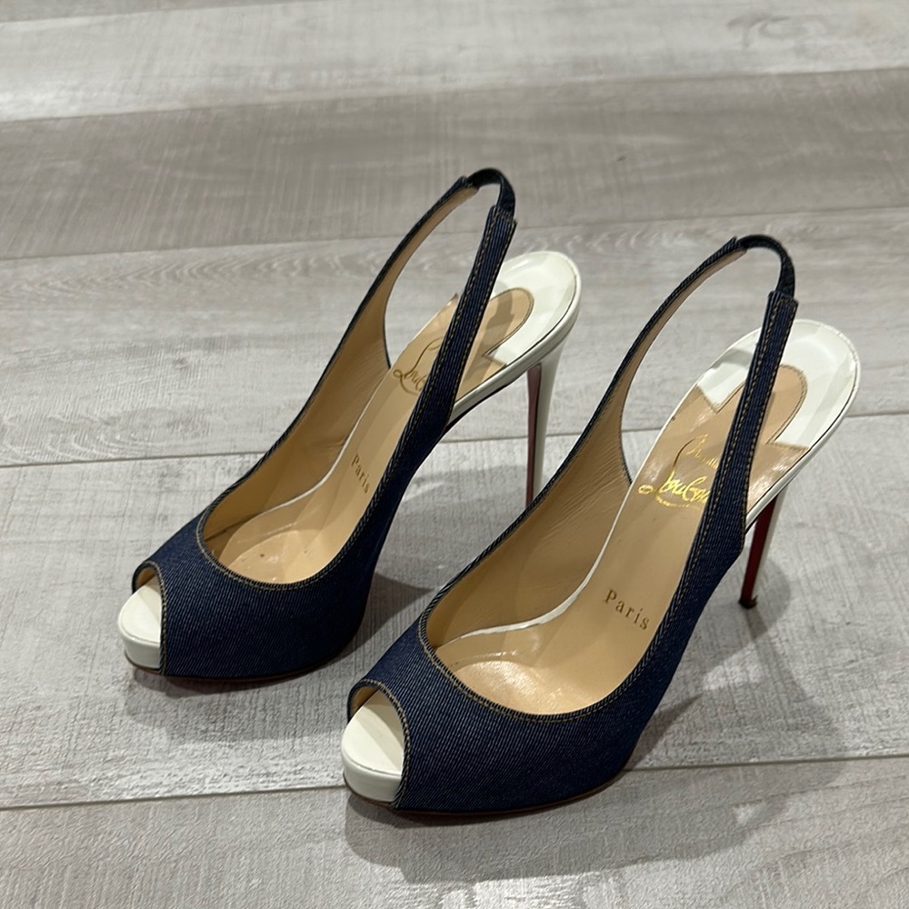 Christian Louboutin Blue and White Peep-Toe Heels